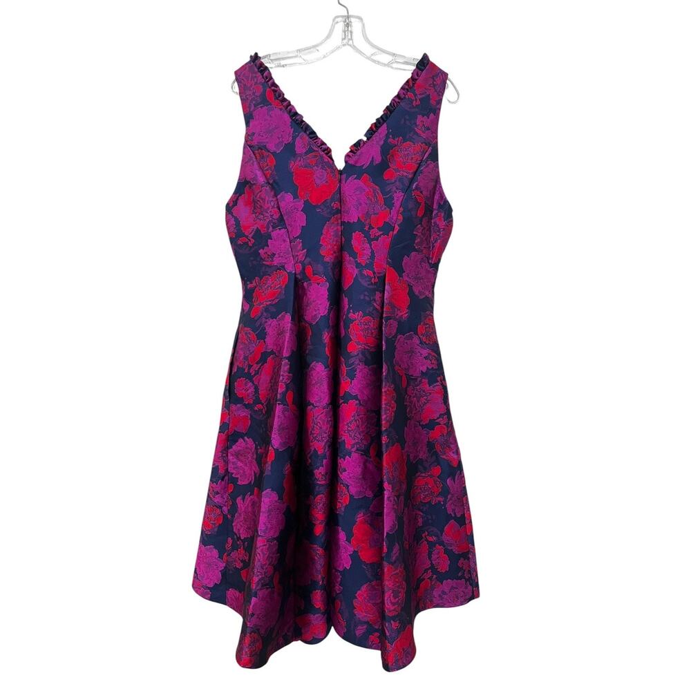 Adrianna Papell Dress Womens 14 Multicolor Floral Jacquard Hi Low Fit & Flare - Picture 4 of 11